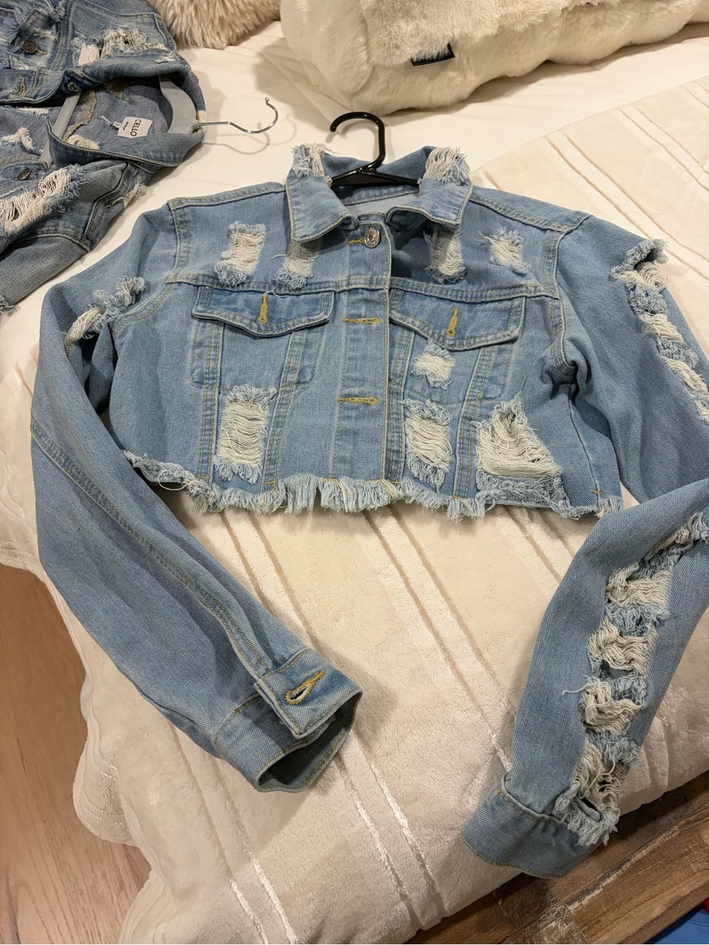 Distressed Cropped Denim Jacket - Light Blue